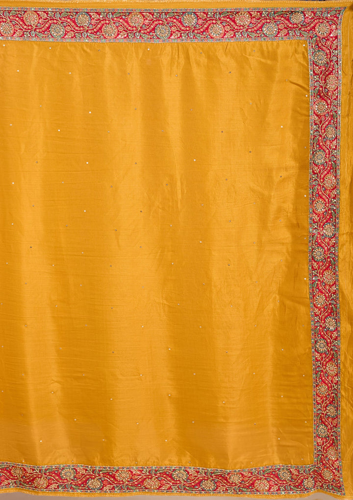 Mustard Yellow Silk Buti Cutdana Saree With Matching Blouse Piece