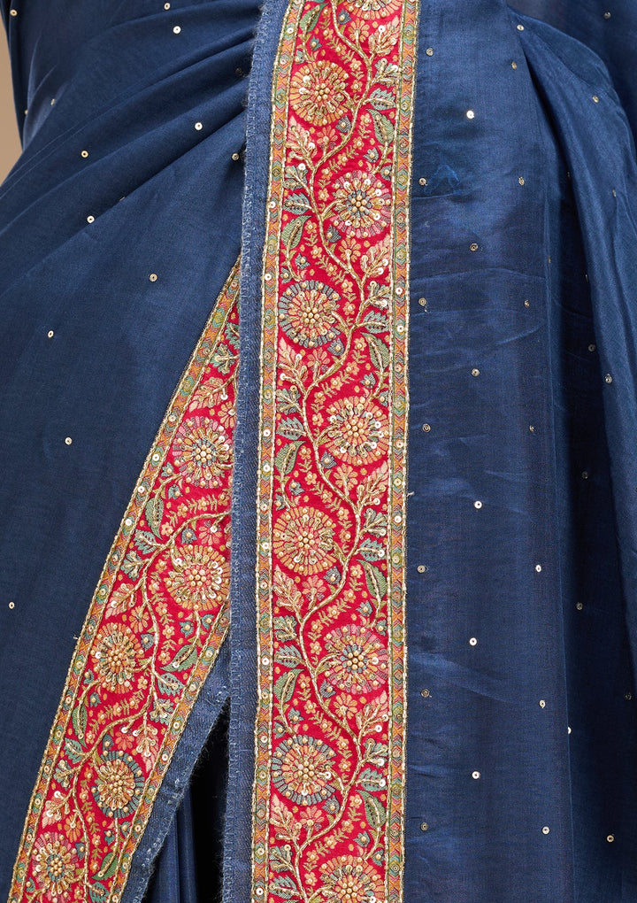 Peacock Blue Silk Buti Cutdana Saree With Matching Blouse Piece