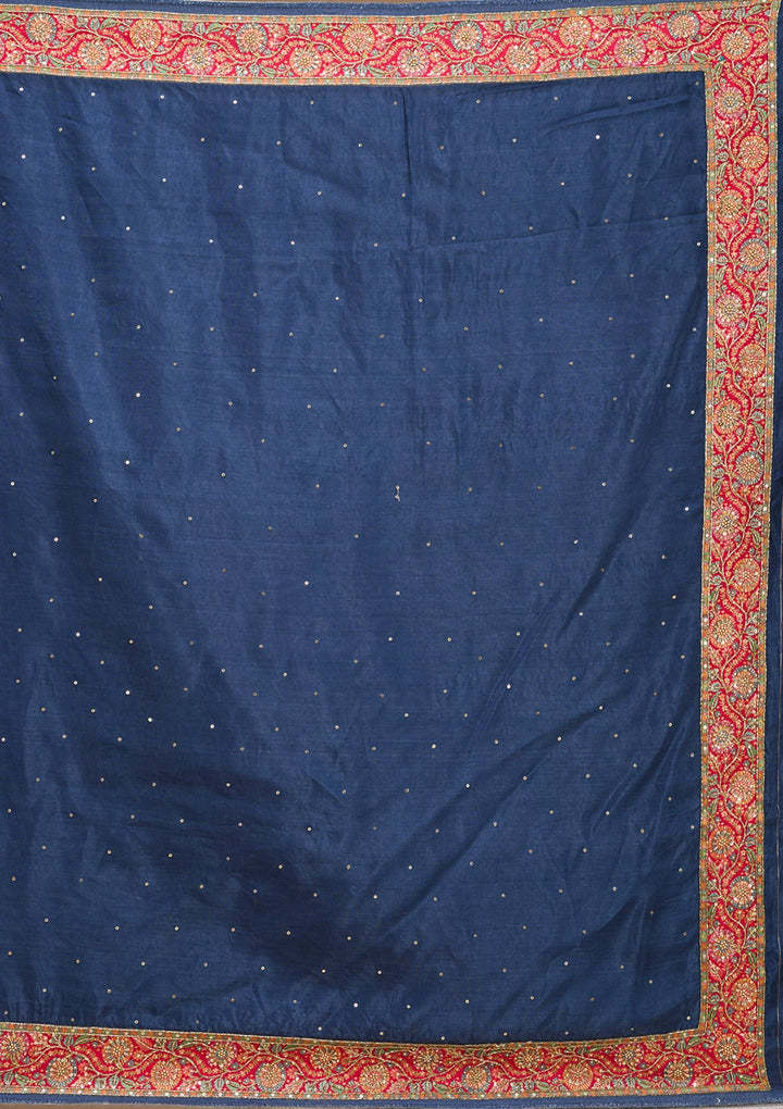 Peacock Blue Silk Buti Cutdana Saree With Matching Blouse Piece