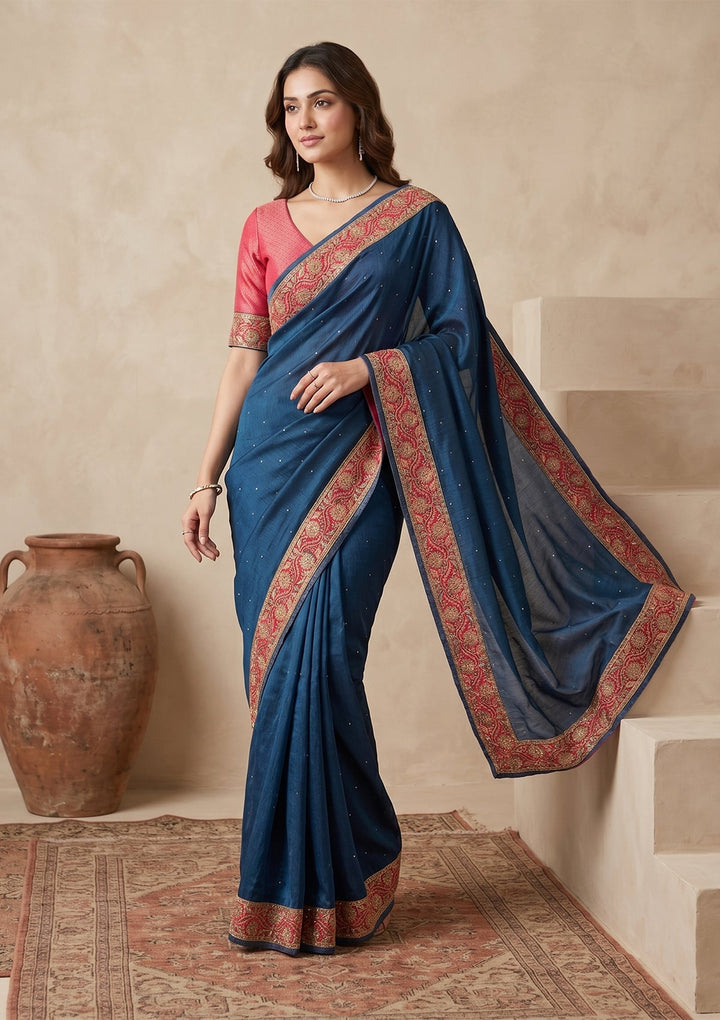 Peacock Blue Silk Buti Cutdana Saree With Matching Blouse Piece