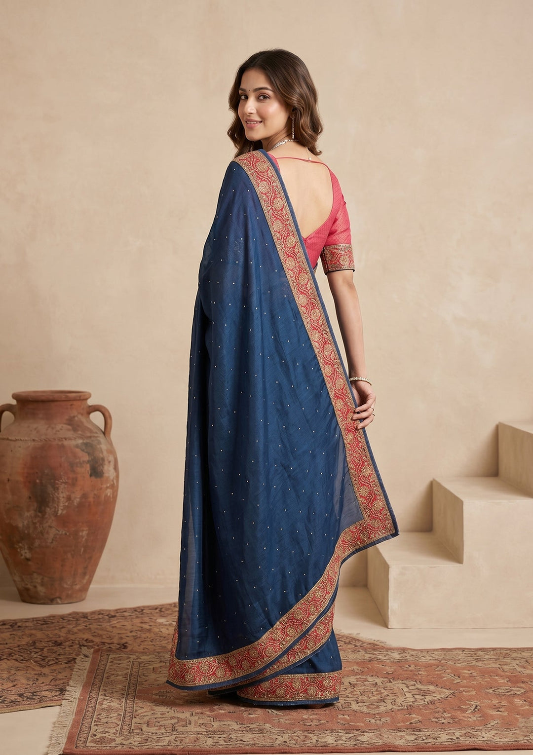 Peacock Blue Silk Buti Cutdana Saree With Matching Blouse Piece