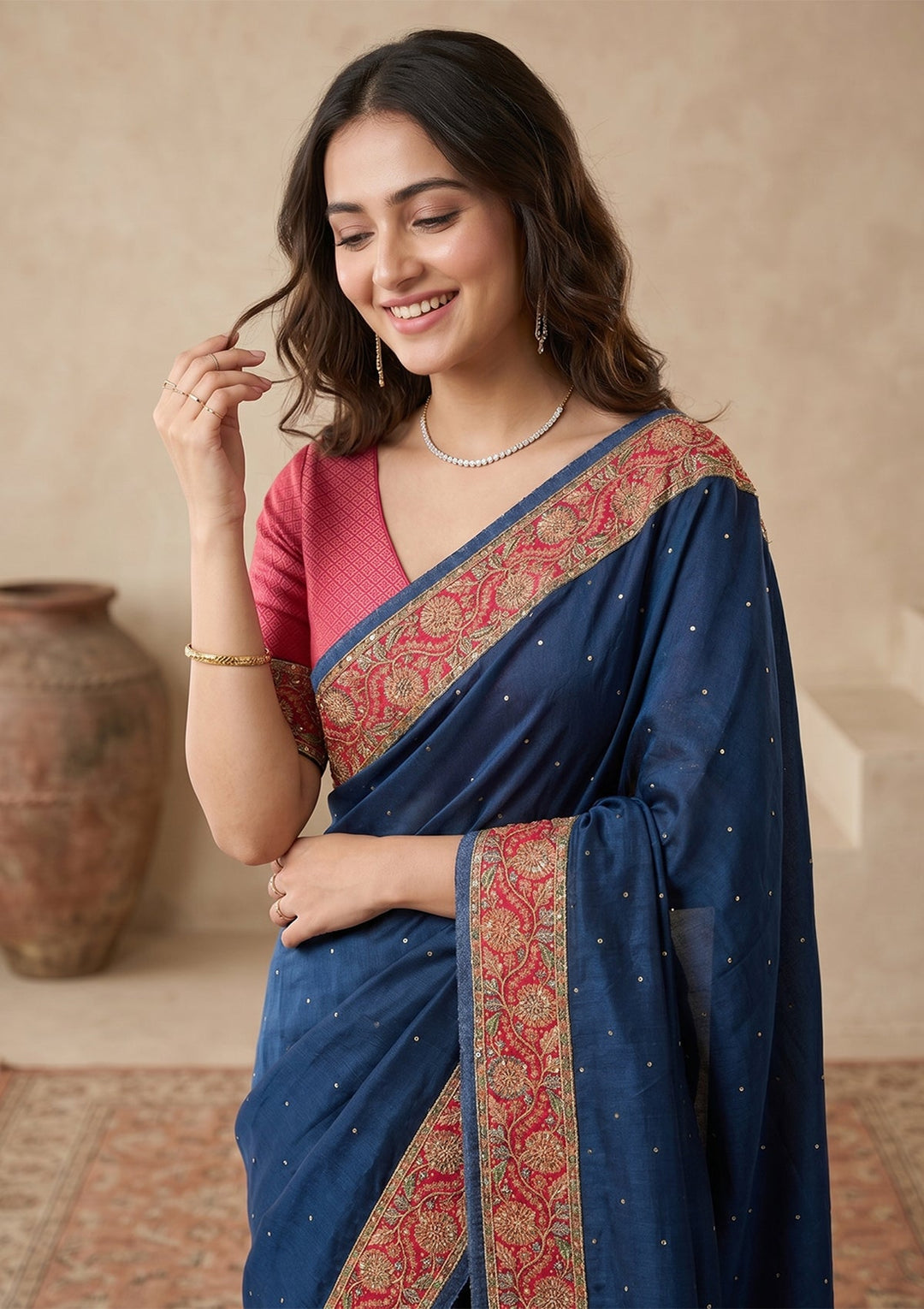 Peacock Blue Silk Buti Cutdana Saree With Matching Blouse Piece