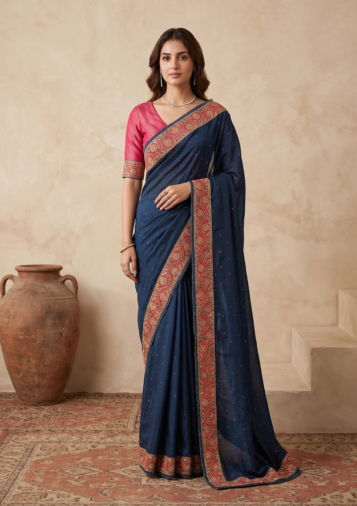 Peacock Blue Silk Buti Cutdana Saree With Matching Blouse Piece