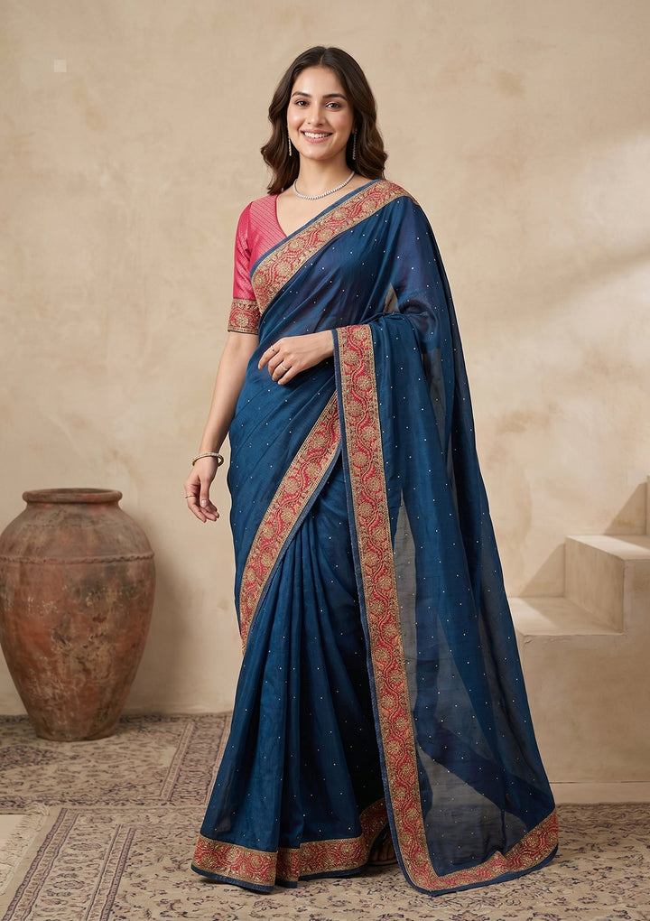 Peacock Blue Silk Buti Cutdana Saree With Matching Blouse Piece