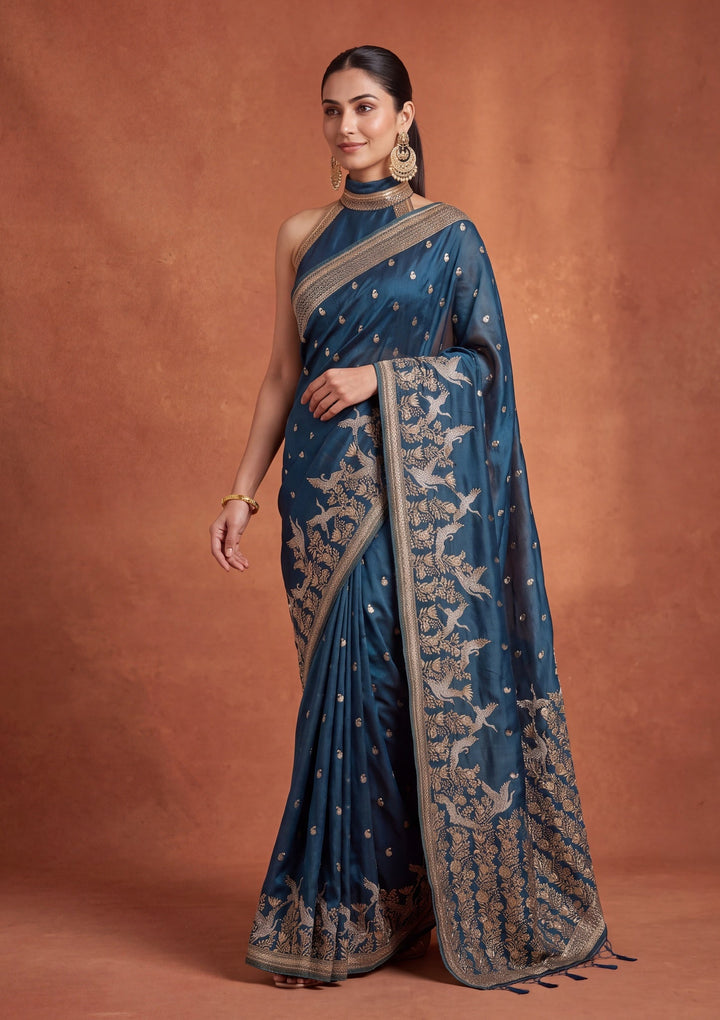 Peacock Blue Silk Buti Cutdana Saree With Matching Blouse Piece