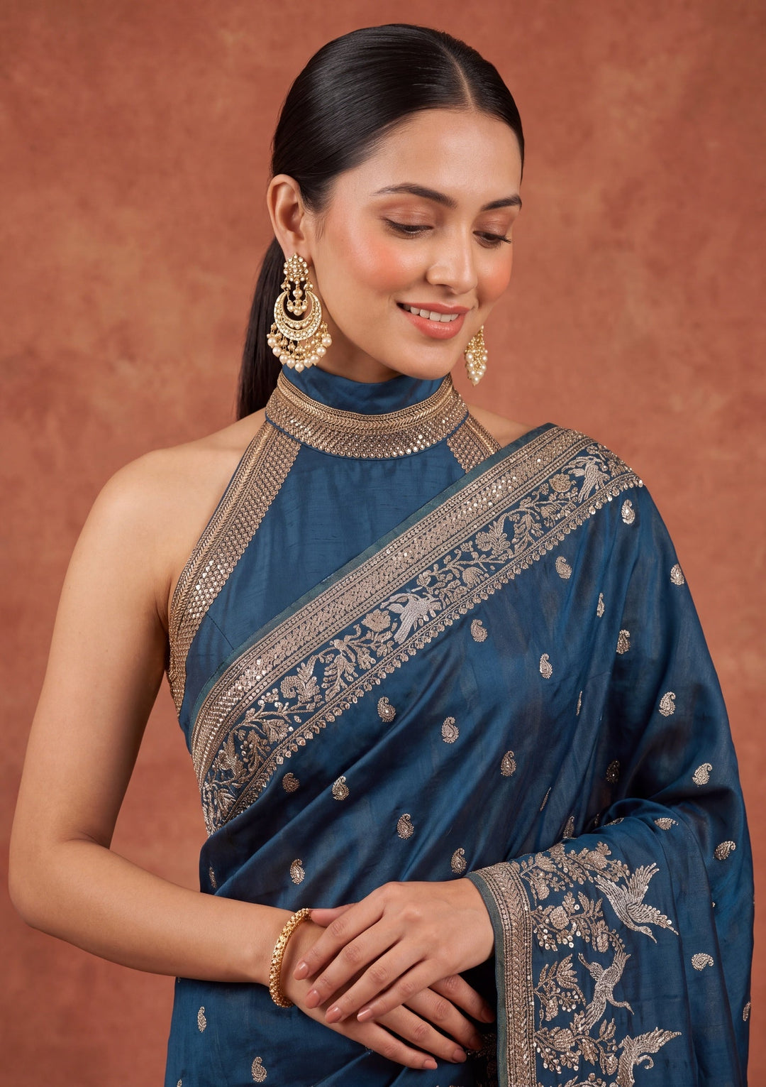 Peacock Blue Silk Buti Cutdana Saree With Matching Blouse Piece