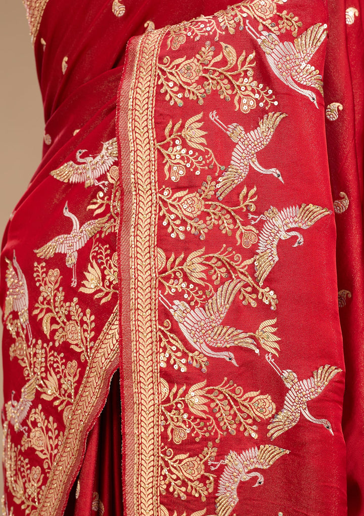 Red Silk Buti Cutdana Saree With Matching Blouse Piece