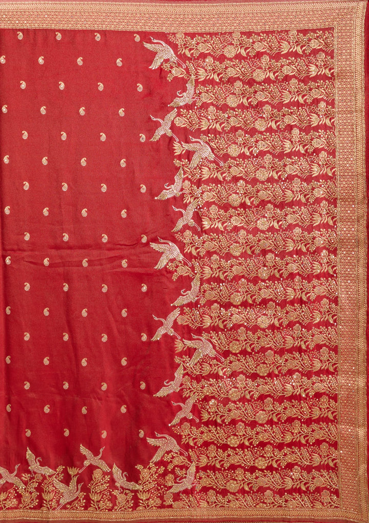 Red Silk Buti Cutdana Saree With Matching Blouse Piece