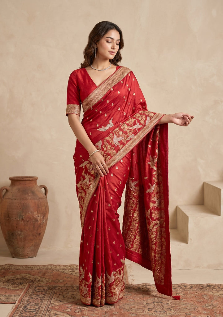 Red Silk Buti Cutdana Saree With Matching Blouse Piece