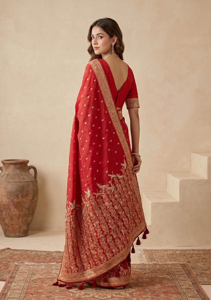 Red Silk Buti Cutdana Saree With Matching Blouse Piece