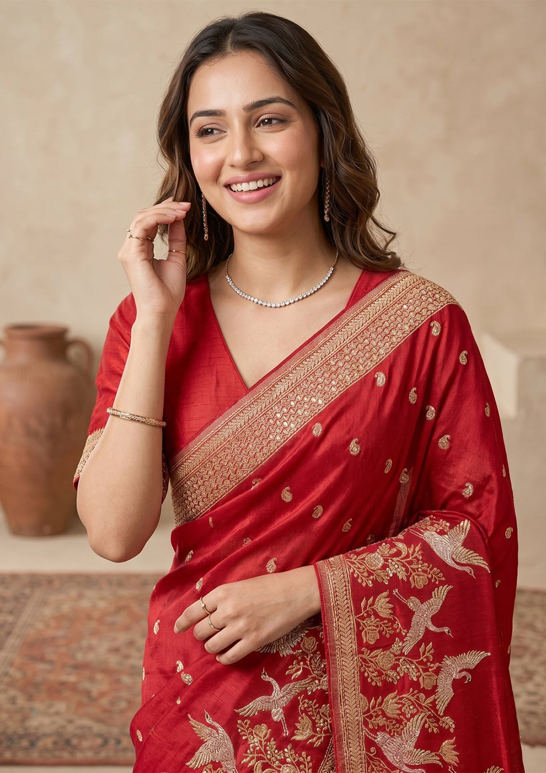 Red Silk Buti Cutdana Saree With Matching Blouse Piece