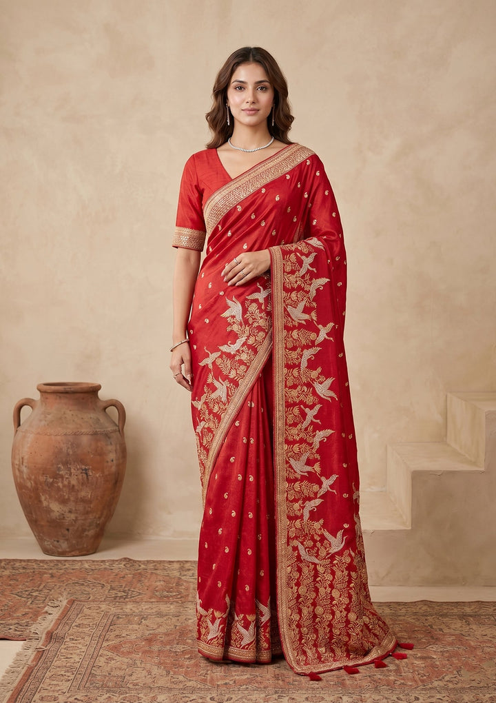 Red Silk Buti Cutdana Saree With Matching Blouse Piece