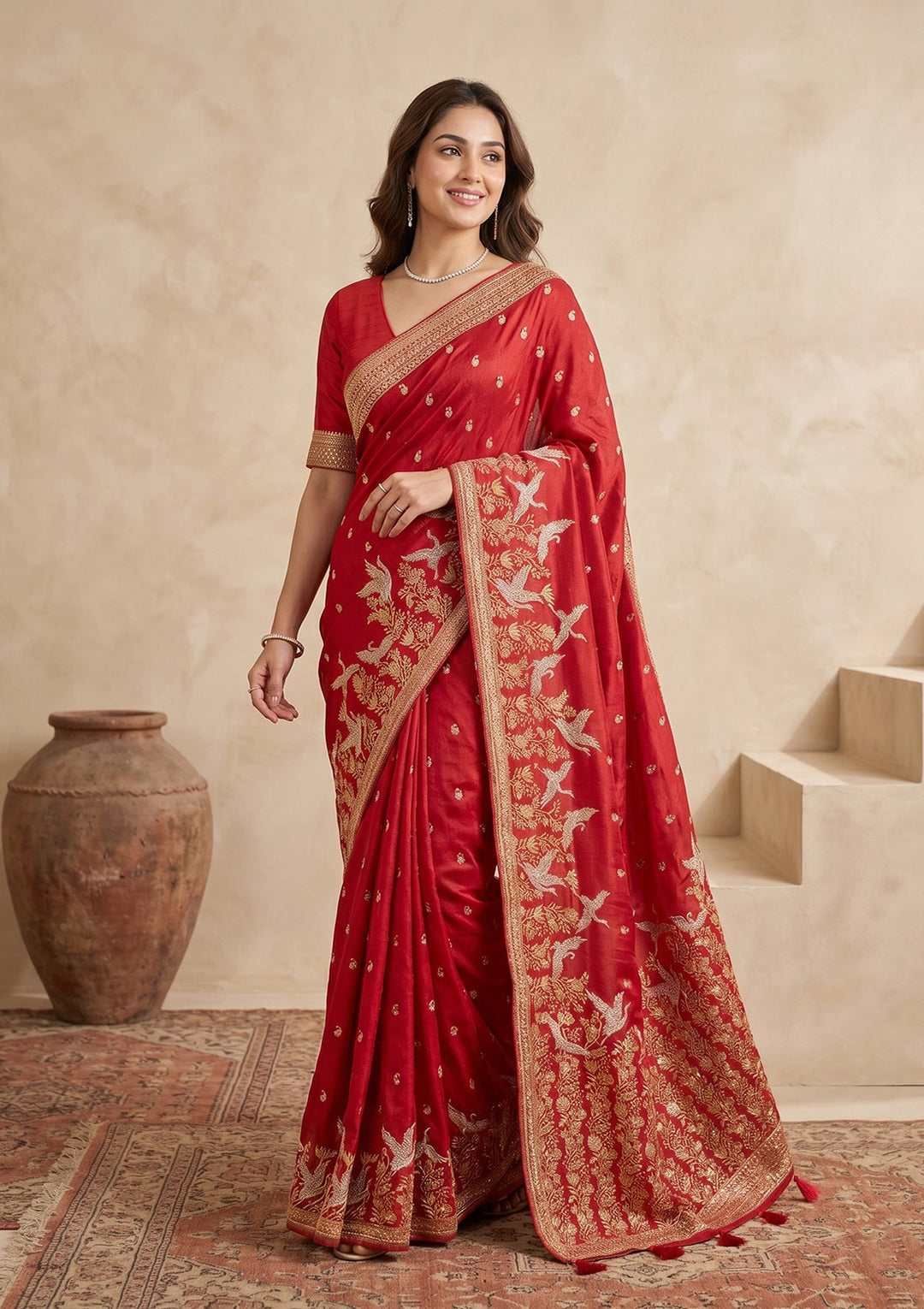 Red Silk Buti Cutdana Saree With Matching Blouse Piece