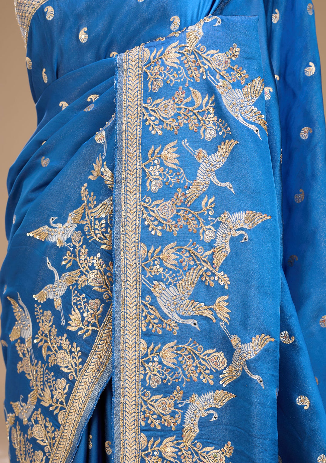 Turquoise Blue Silk Buti Cutdana Saree With Matching Blouse Piece