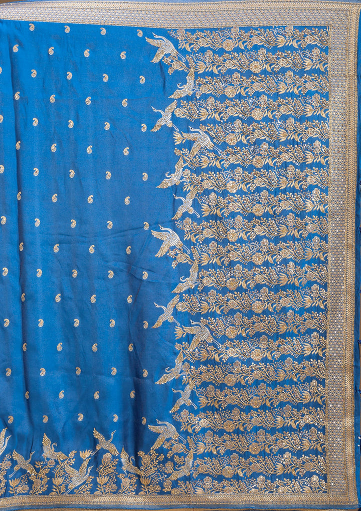 Turquoise Blue Silk Buti Cutdana Saree With Matching Blouse Piece