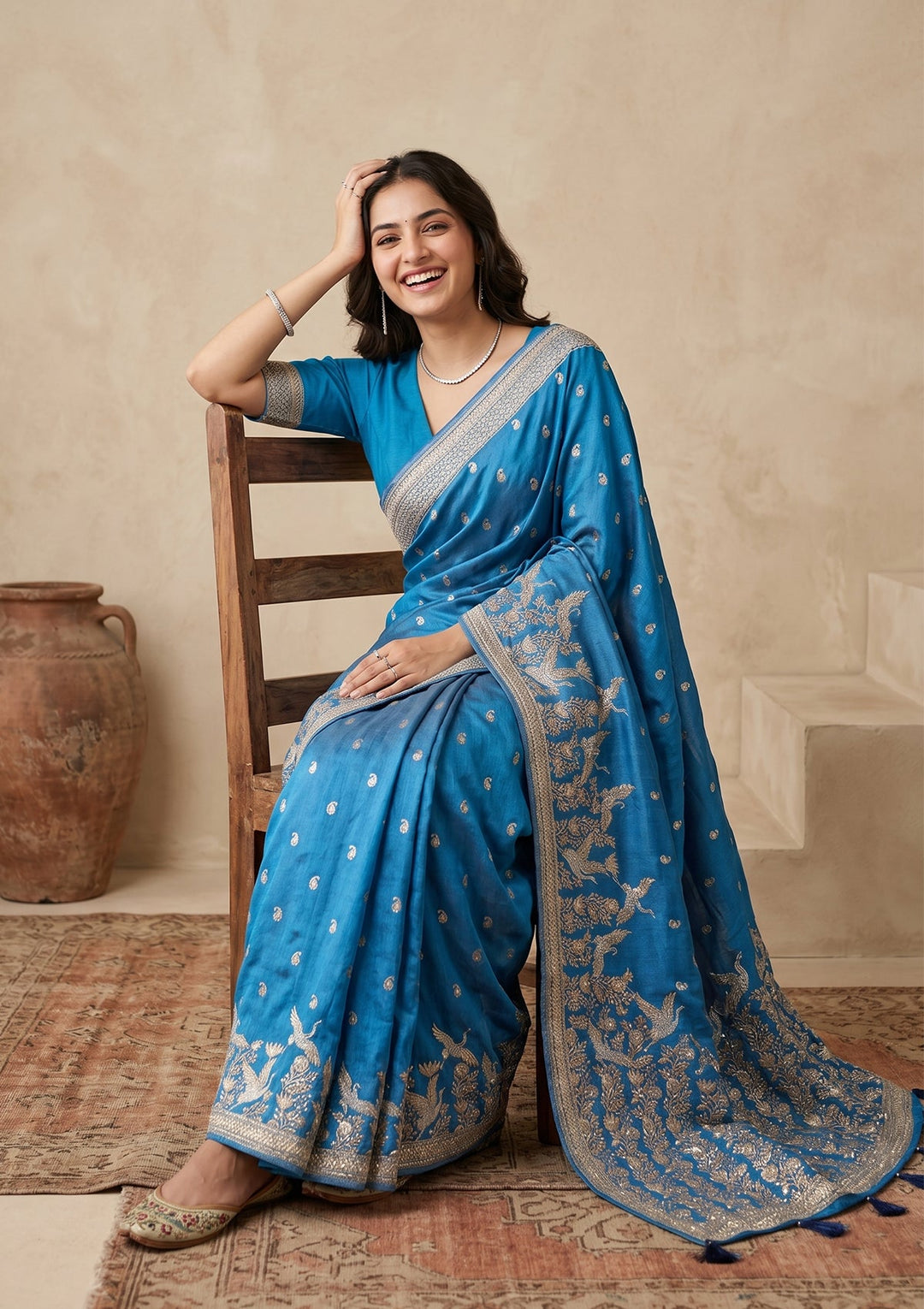 Turquoise Blue Silk Buti Cutdana Saree With Matching Blouse Piece