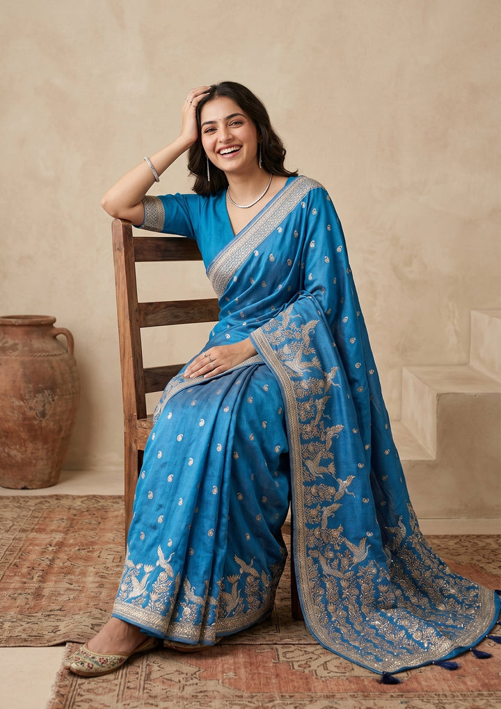 Turquoise Blue Silk Buti Cutdana Saree With Matching Blouse Piece