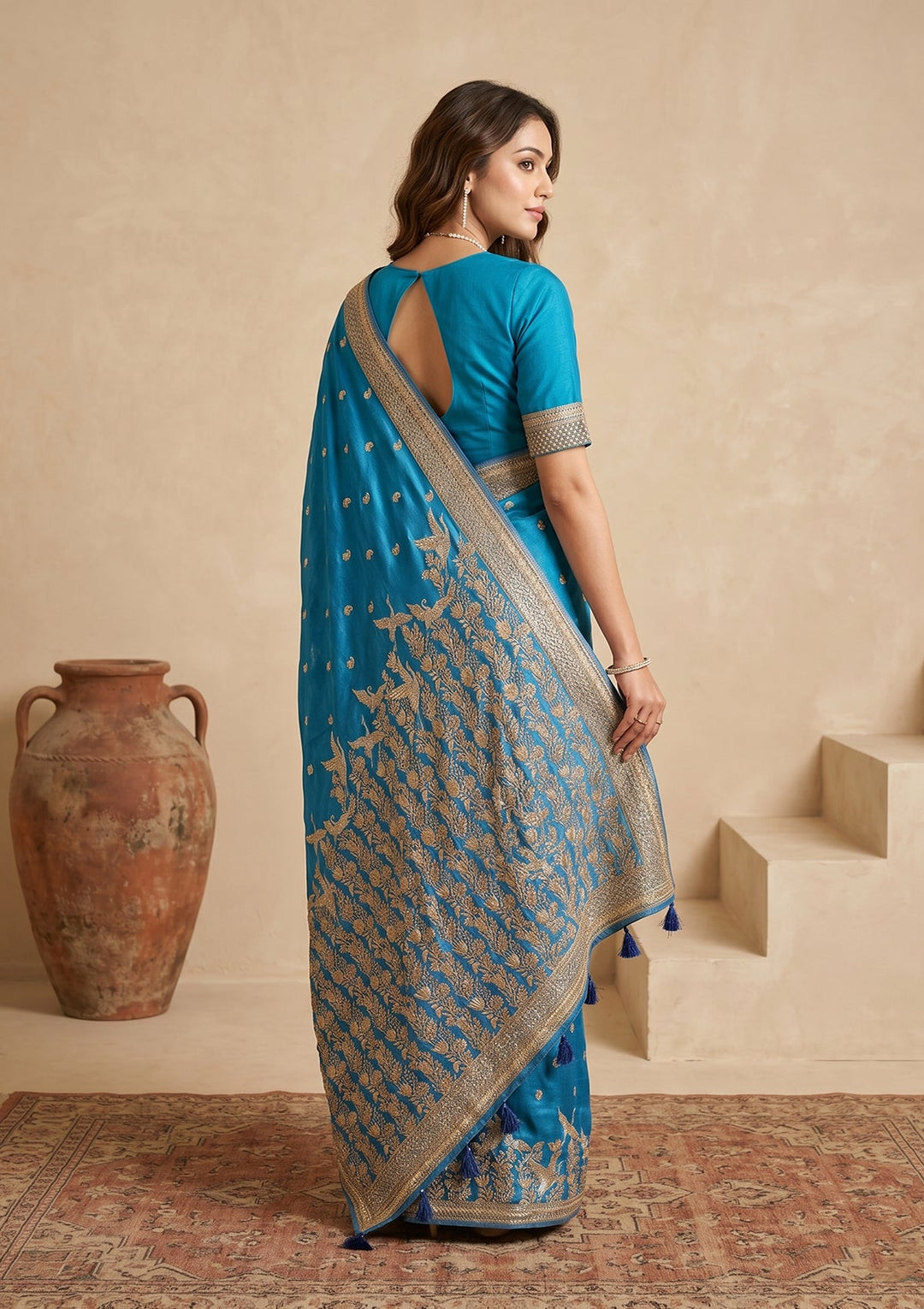 Turquoise Blue Silk Buti Cutdana Saree With Matching Blouse Piece