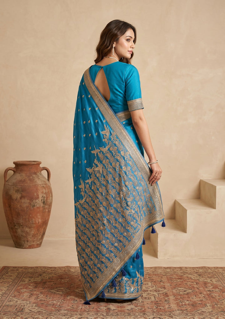 Turquoise Blue Silk Buti Cutdana Saree With Matching Blouse Piece