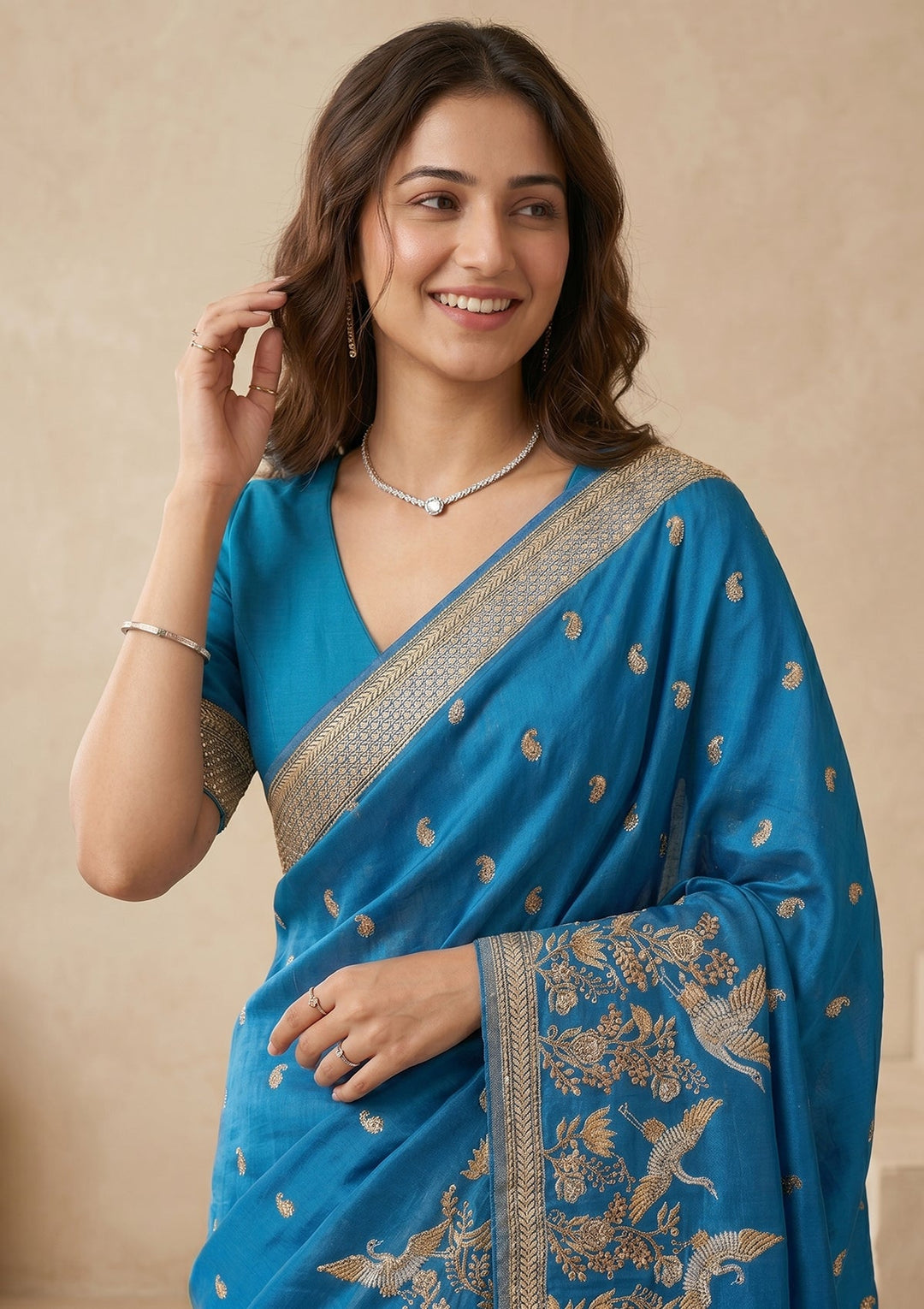 Turquoise Blue Silk Buti Cutdana Saree With Matching Blouse Piece