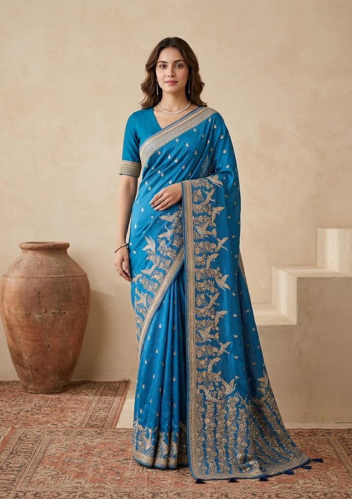 Turquoise Blue Silk Buti Cutdana Saree With Matching Blouse Piece
