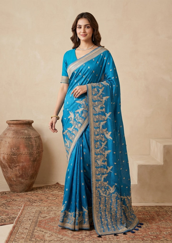 Turquoise Blue Silk Buti Cutdana Saree With Matching Blouse Piece