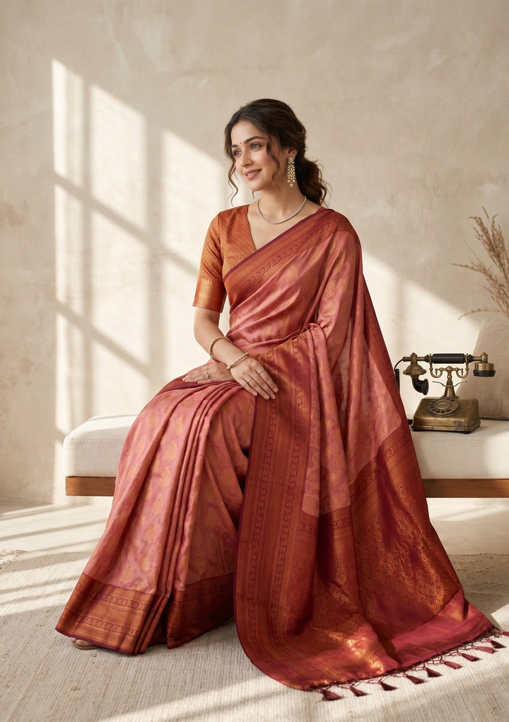 Onion Pink Soft Raw Silk Jaal Saree With Matching Blouse Piece