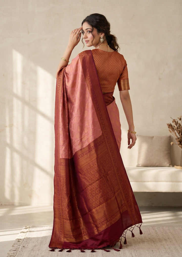 Onion Pink Soft Raw Silk Jaal Saree With Matching Blouse Piece