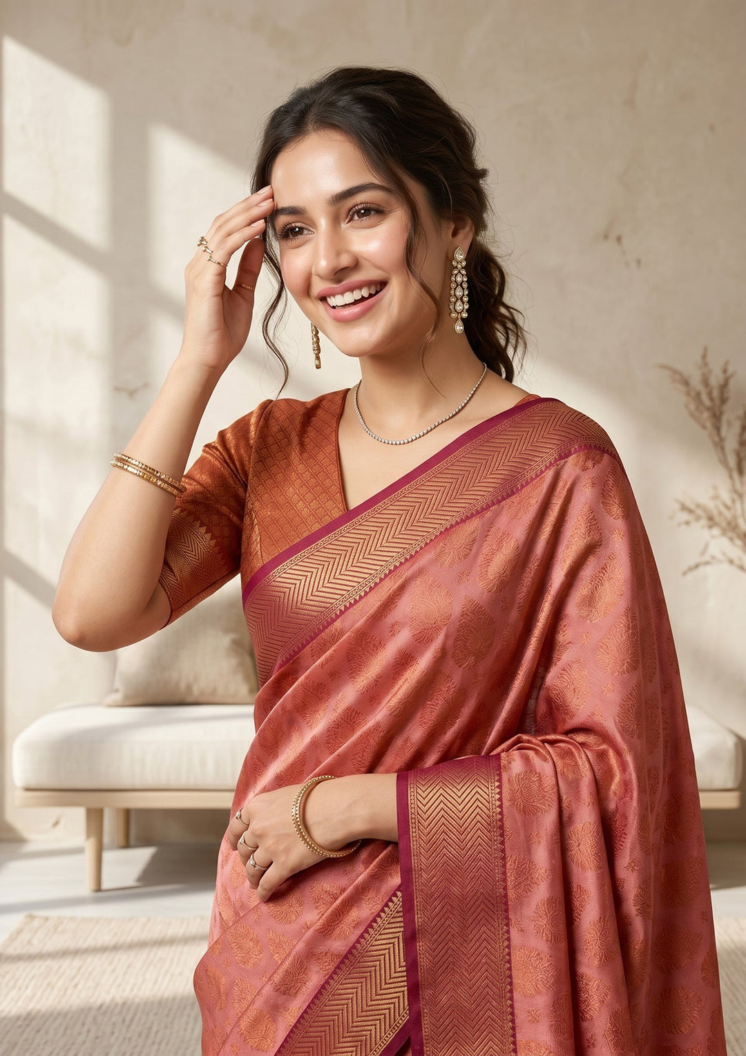 Onion Pink Soft Raw Silk Jaal Saree With Matching Blouse Piece