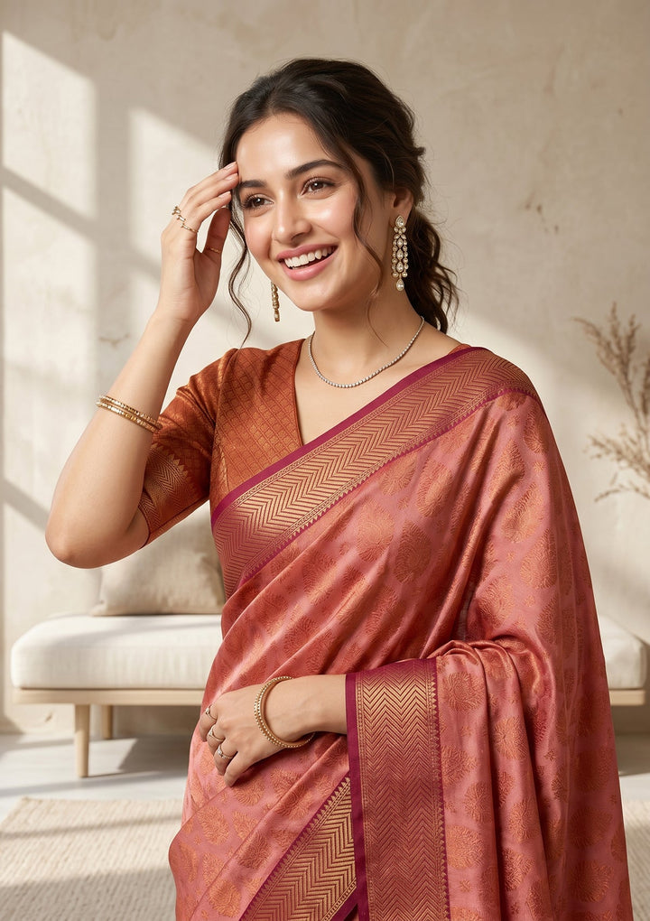 Onion Pink Soft Raw Silk Jaal Saree With Matching Blouse Piece