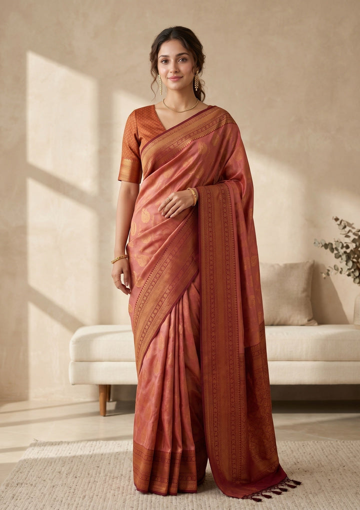 Onion Pink Soft Raw Silk Jaal Saree With Matching Blouse Piece