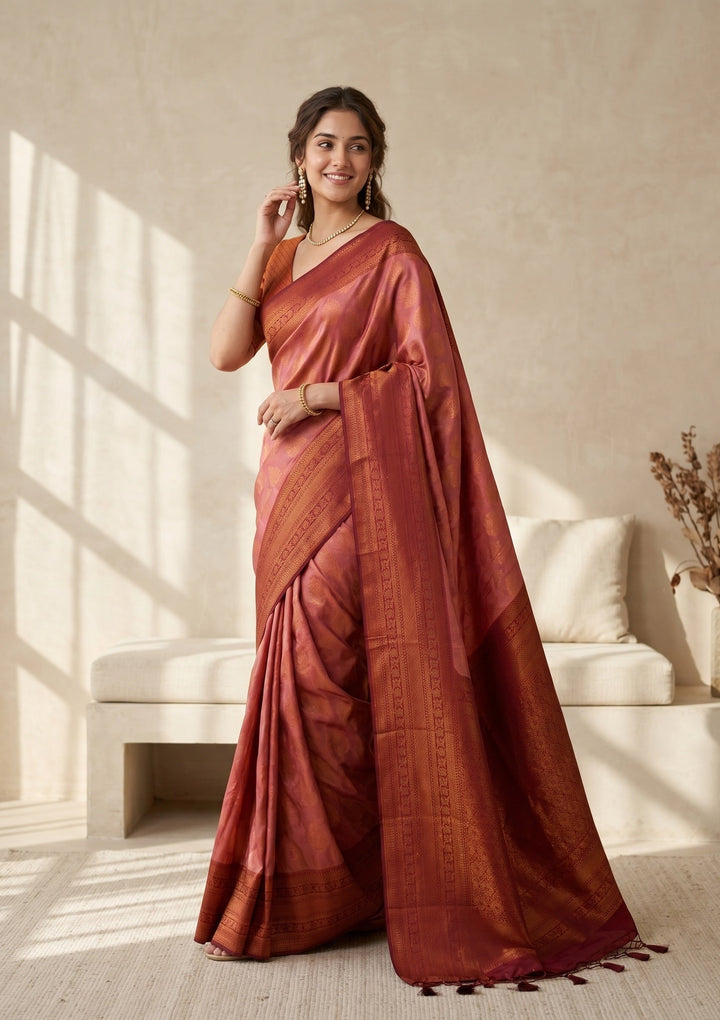 Onion Pink Soft Raw Silk Jaal Saree With Matching Blouse Piece