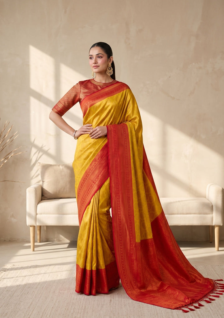Yellow Soft Raw Silk Jaal Saree With Matching Blouse Piece