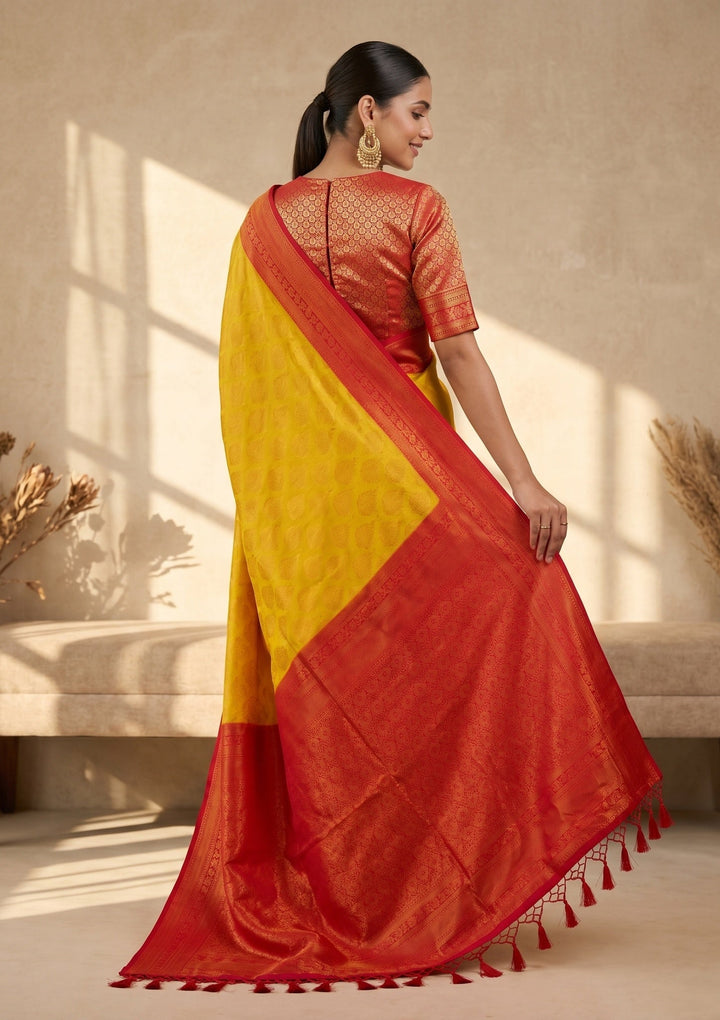 Yellow Soft Raw Silk Jaal Saree With Matching Blouse Piece