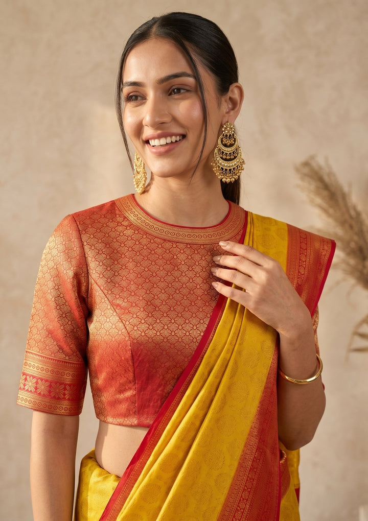Yellow Soft Raw Silk Jaal Saree With Matching Blouse Piece