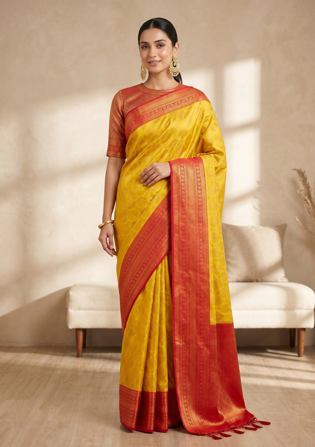Yellow Soft Raw Silk Jaal Saree With Matching Blouse Piece