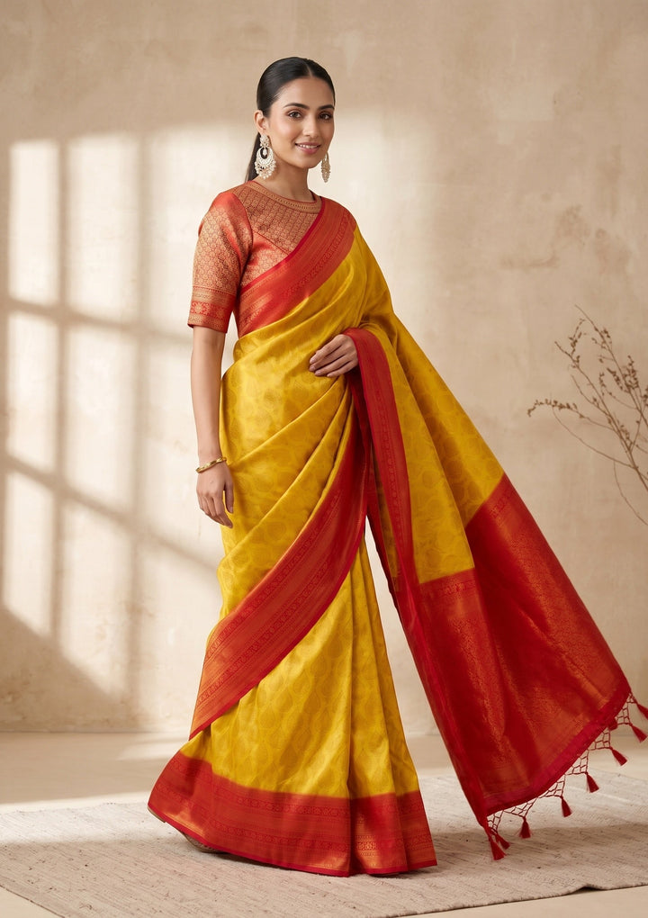 Yellow Soft Raw Silk Jaal Saree With Matching Blouse Piece