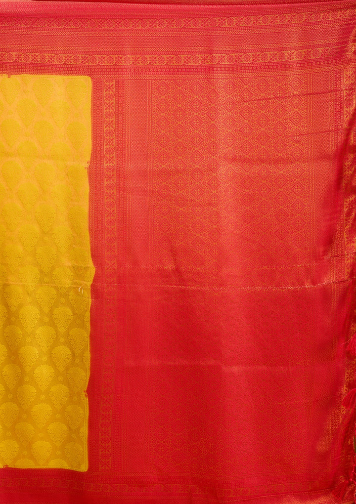 Yellow Soft Raw Silk Jaal Saree With Matching Blouse Piece