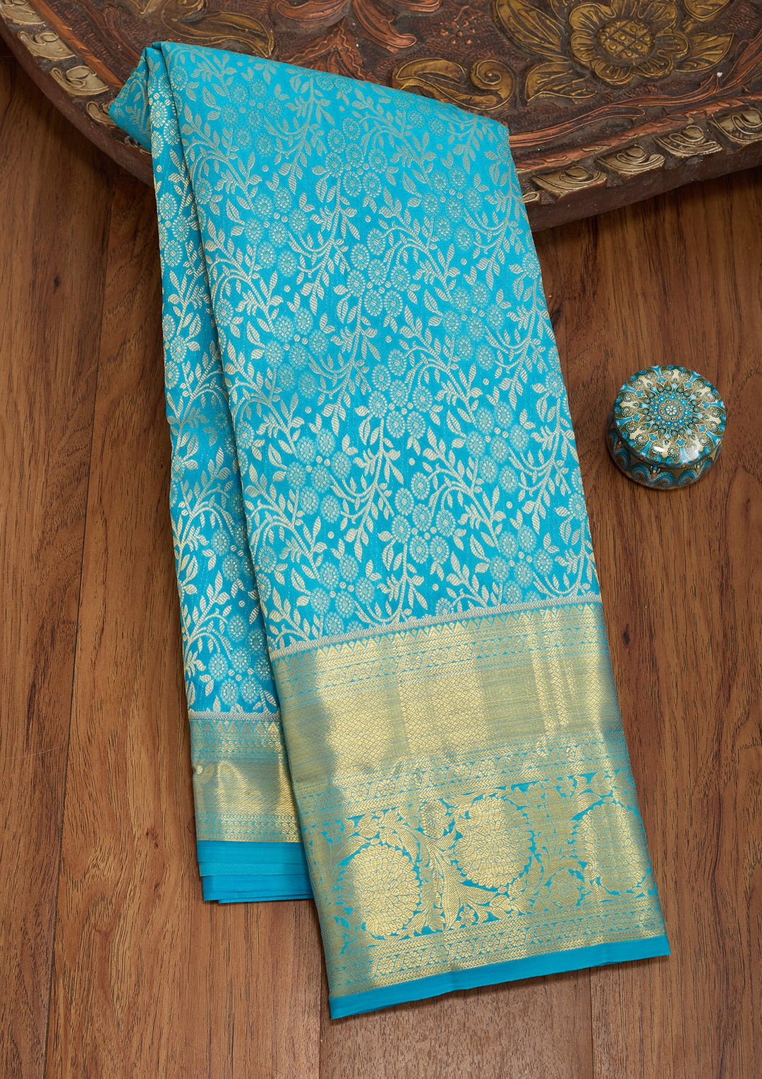 Turquoise Blue Dharmavaram Pure Silk Saree