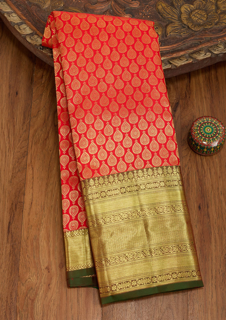 Red Silk Jaal Saree With Matching Blouse Piece