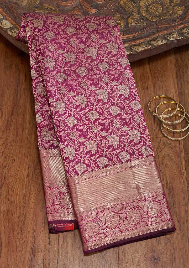 Wine Silk Jaal Saree With Matching Blouse Piece