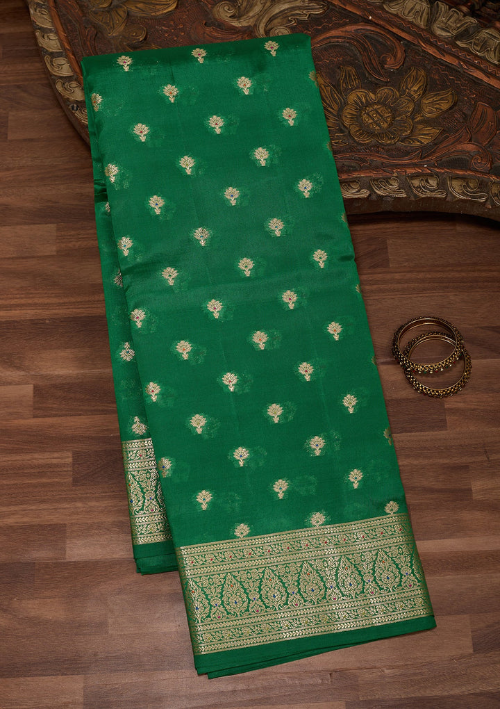 Rama Green Silk Jaal Saree With Matching Blouse Piece