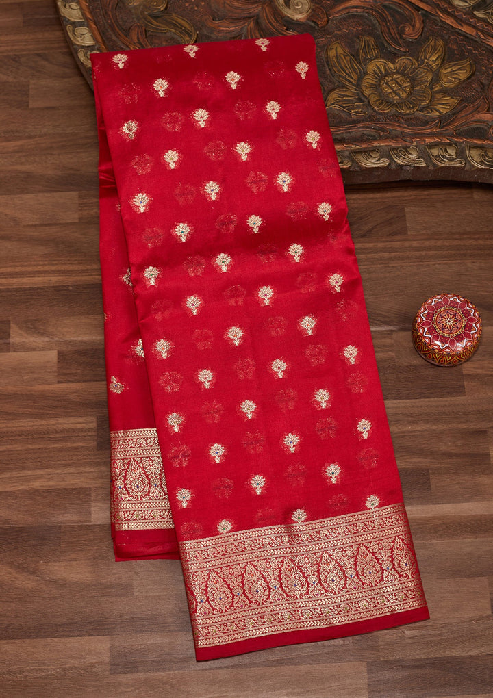 Red Silk Jaal Saree With Matching Blouse Piece