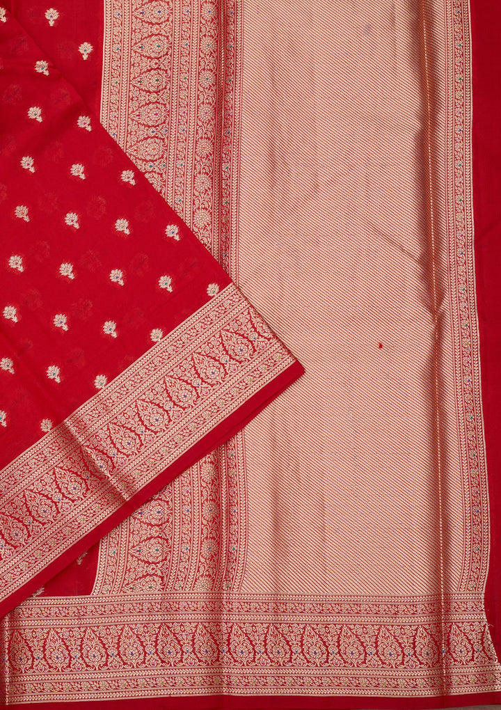 Red Silk Jaal Saree With Matching Blouse Piece