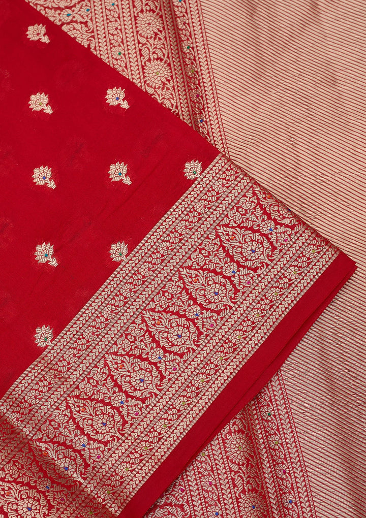 Red Silk Jaal Saree With Matching Blouse Piece