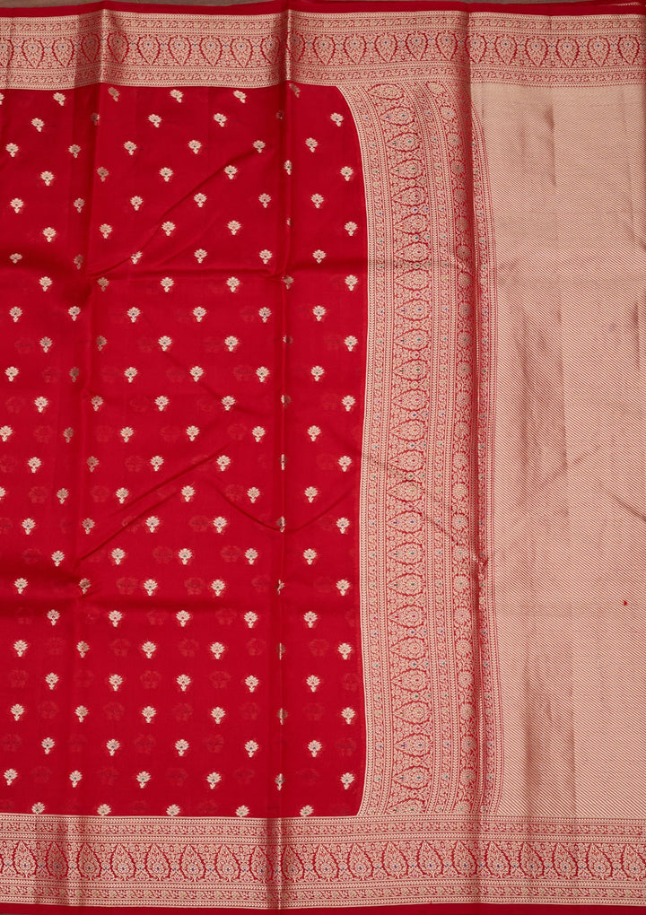 Red Silk Jaal Saree With Matching Blouse Piece