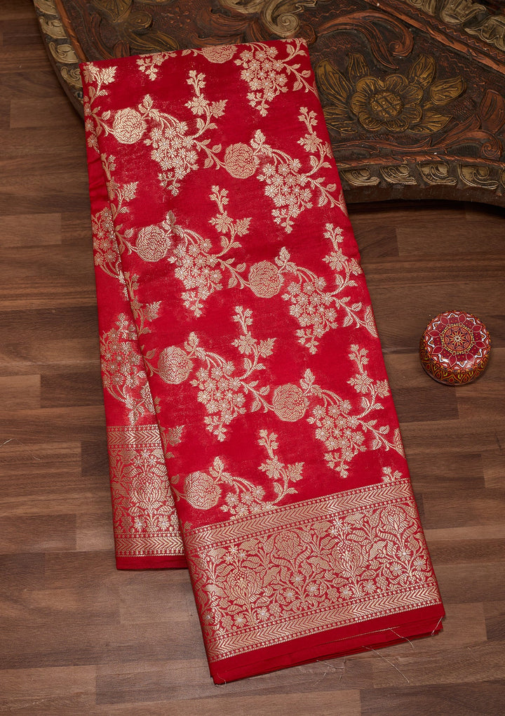 Red Silk Jaal Saree With Matching Blouse Piece