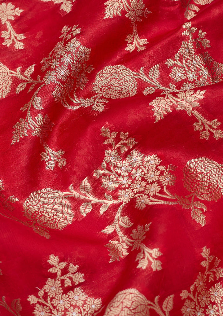Red Silk Jaal Saree With Matching Blouse Piece