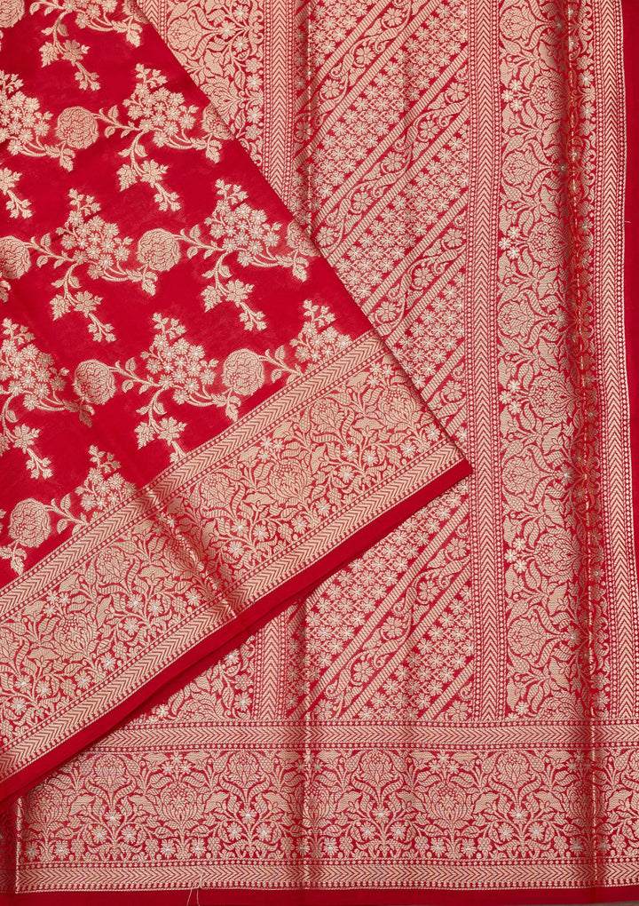 Red Silk Jaal Saree With Matching Blouse Piece