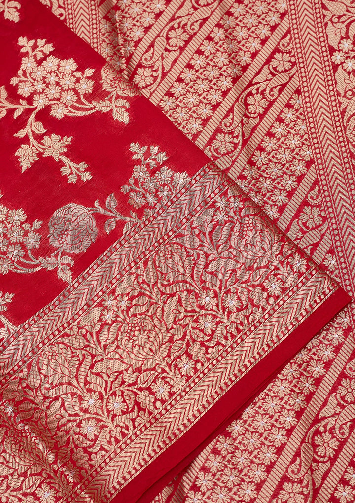 Red Silk Jaal Saree With Matching Blouse Piece